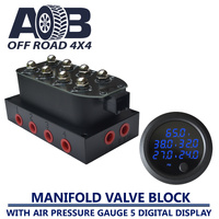 Air Ride Suspension Valve Block Solenoid Valve 4 Port Direct Action + 5 in 1 Air Pressure Gauge BLUE Digital Display