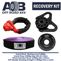 Recovery Kit 1x Black Snatch Ring + 1x Snatch Block Black +1x Soft Shackle 17T +1x Winch Extension Strap for Toyota/Nissan/Holden/Mitsubishi