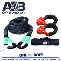 Kinetic Rope 38mm x 9m 83,775lbs 38T Black + 2x 17T 17,000kg Soft Shackles Recovery Rope for Toyota/Nissan/Holden/Mitsubishi etc